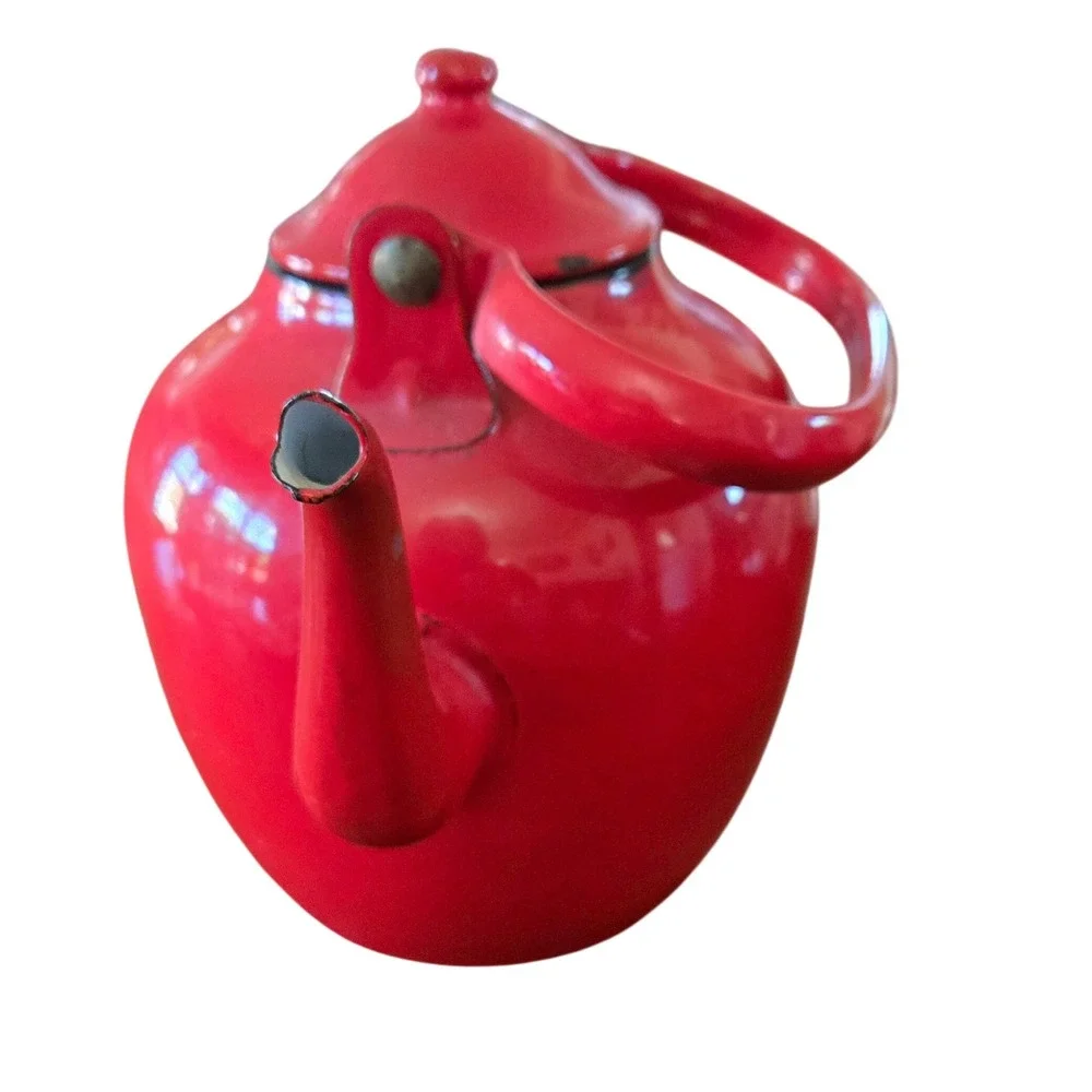 Vintage Emo Celje Red Enamel Teapot Yugoslavia Retro Mid Century Retro, Stamped